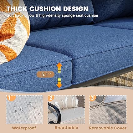 Vicllax Outdoor Patio Conversation Sofa Set with Cushioned Sofa Chairs and Metal Rectangular Fire Pit, Blue