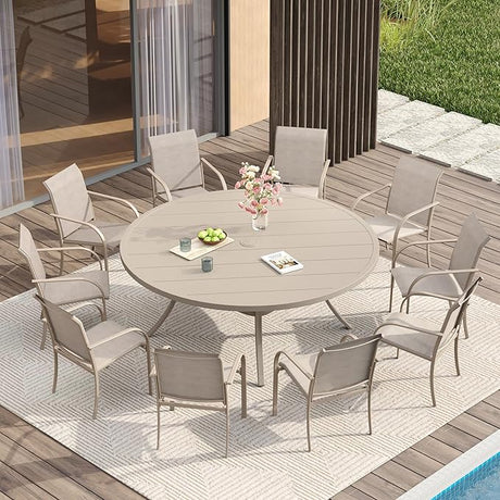 Vicllax 11 Pcs Outdoor Dining Set with 60“ Round Metal Table and Stackable Sling Chair