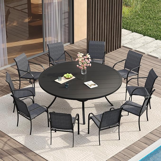 Vicllax 11 Pcs Outdoor Dining Set with 60“ Round Metal Table and Stackable Sling Chair