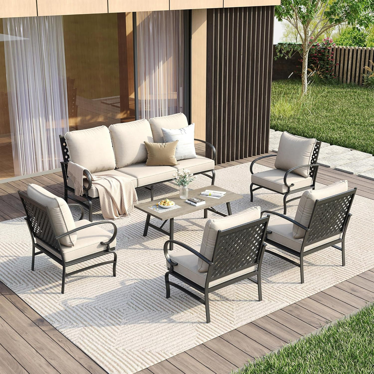 Vicllax Outdoor Patio Conversation Set with Cushioned Sofa Chairs, Ottomans and Coffee Table