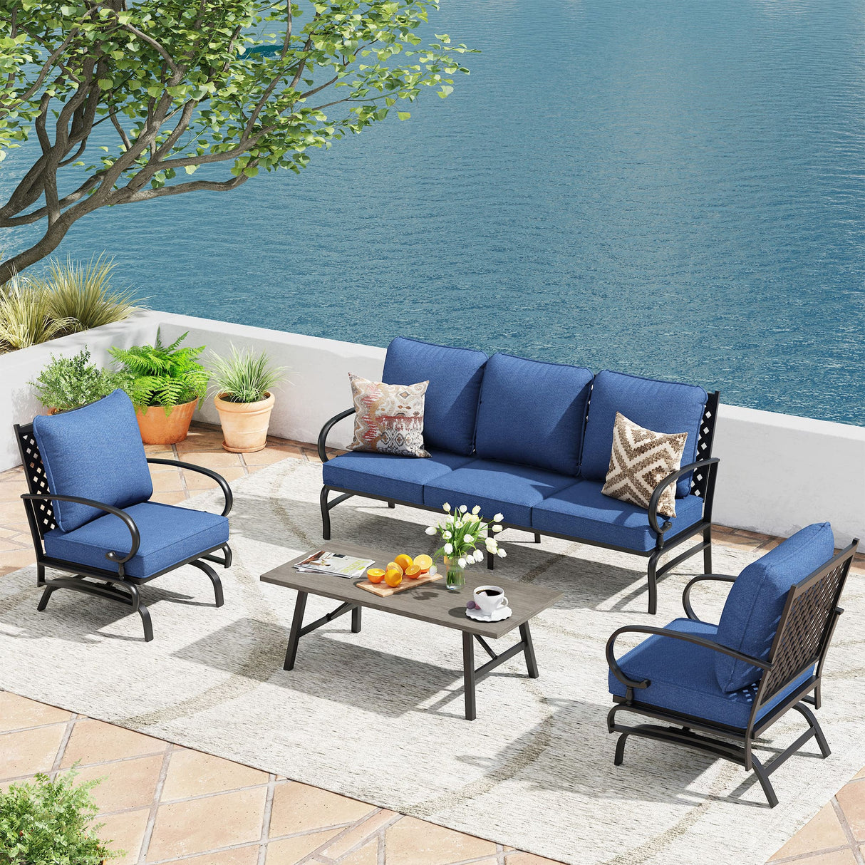 Vicllax Patio Conversation Set with Cushioned Sofa Chairs, Ottomans and Coffee Table(Beige or Navy Blue)
