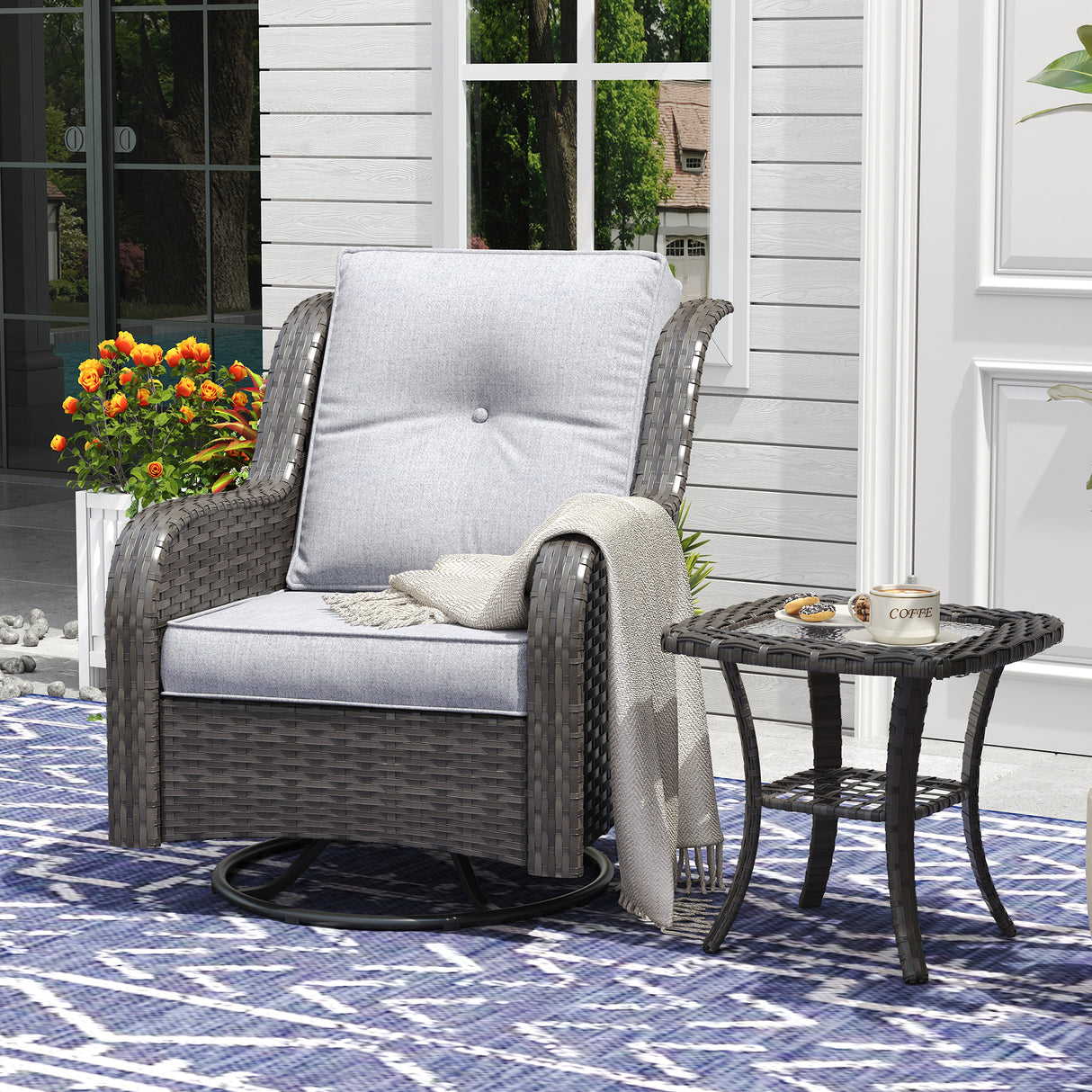 Vicllax Patio Wicker Oasis Lounge Sofa, Swivel Chair with Side Table