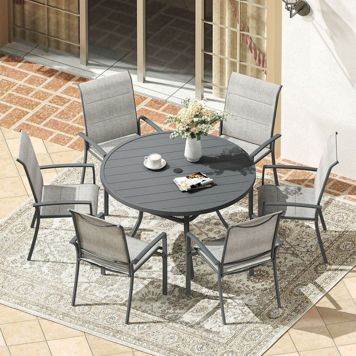 Vicllax 5/7/9 Pcs Outdoor Dining Set, Round Metal Table and Stackable Padded Chair