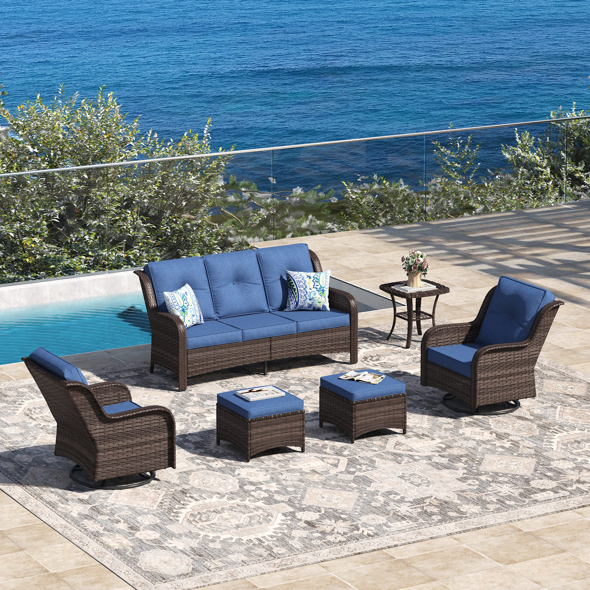 Vicllax 4 Pieces Patio Wicker Oasis Lounge Set, 3-Seater with Ottoman