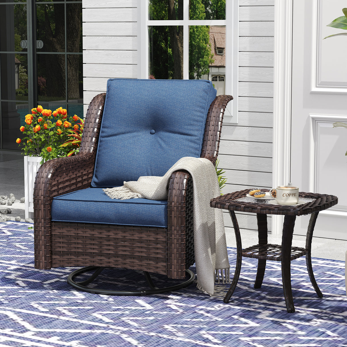 Vicllax Patio Wicker Oasis Lounge Sofa, Swivel Chair with Side Table