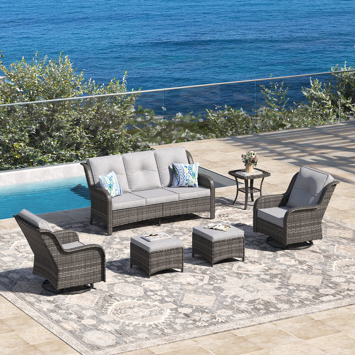 Vicllax 4 Pieces Patio Wicker Oasis Lounge Set, 3-Seater with Ottoman