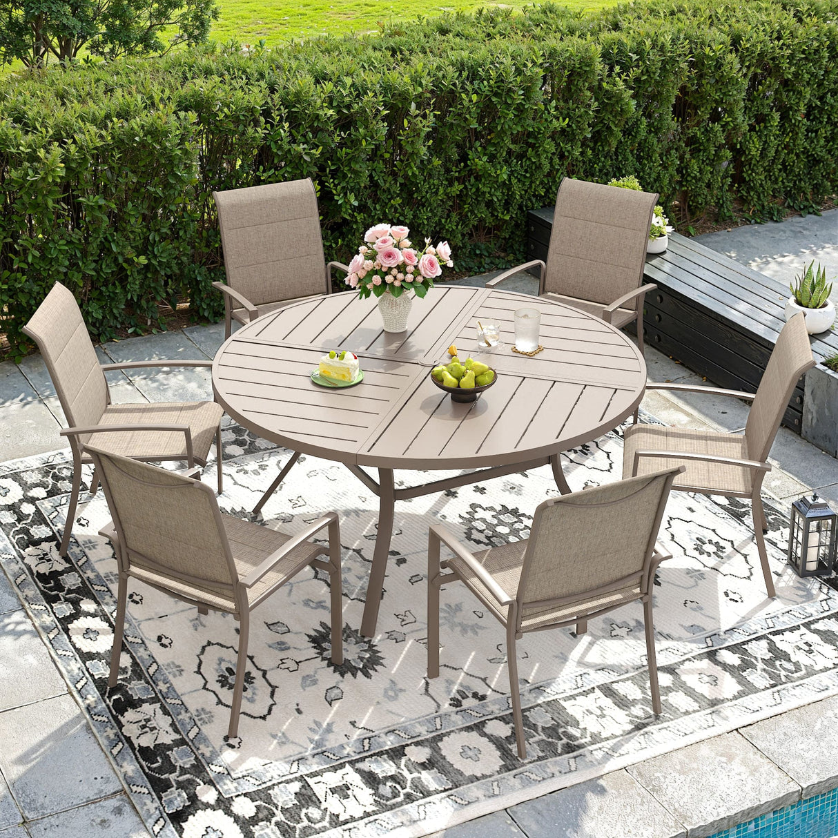VICLLAX Patio Outdoor Dining Set of 4/6, Metal Round Dining Table and Stackable Sling Dining Chair with Armrest