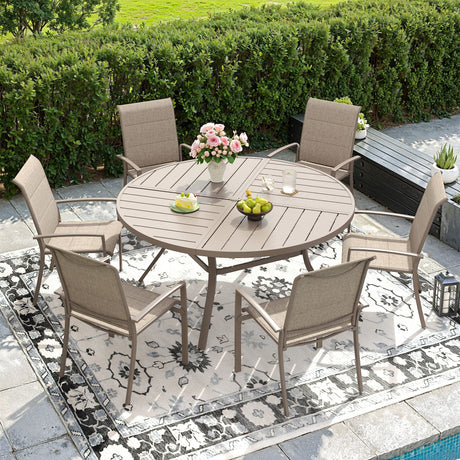 VICLLAX Patio Outdoor Dining Set of 4/6, Metal Round Dining Table and Stackable Sling Dining Chair with Armrest