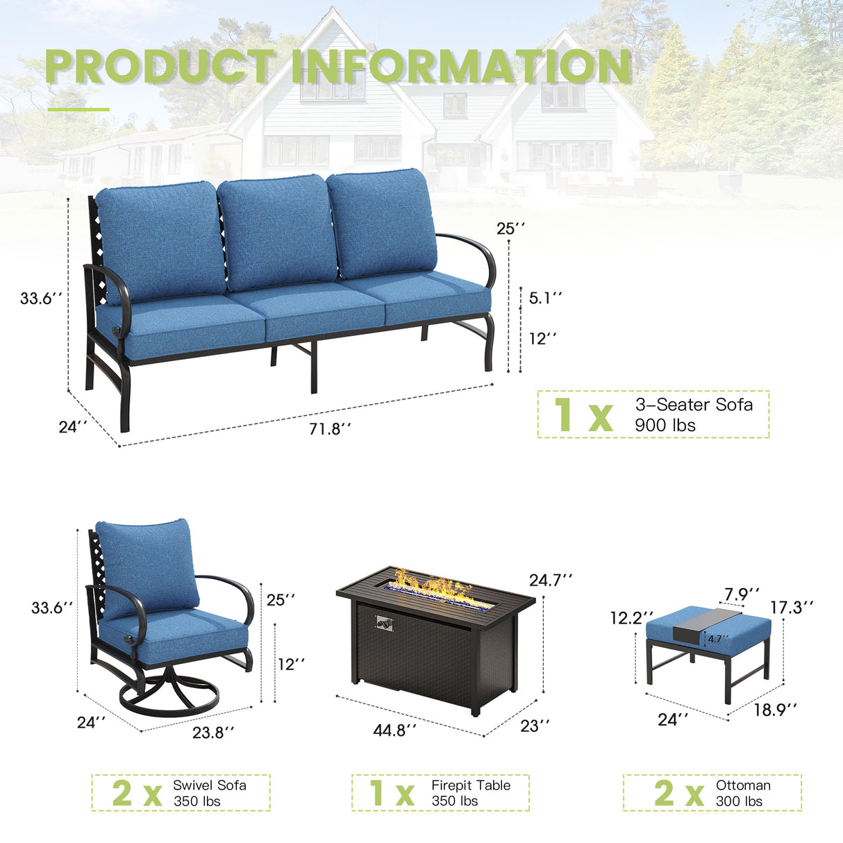Vicllax Outdoor Patio Conversation Sofa Set with Cushioned Sofa Chairs, Ottomans and Metal Rectangular Fire Pit, Blue