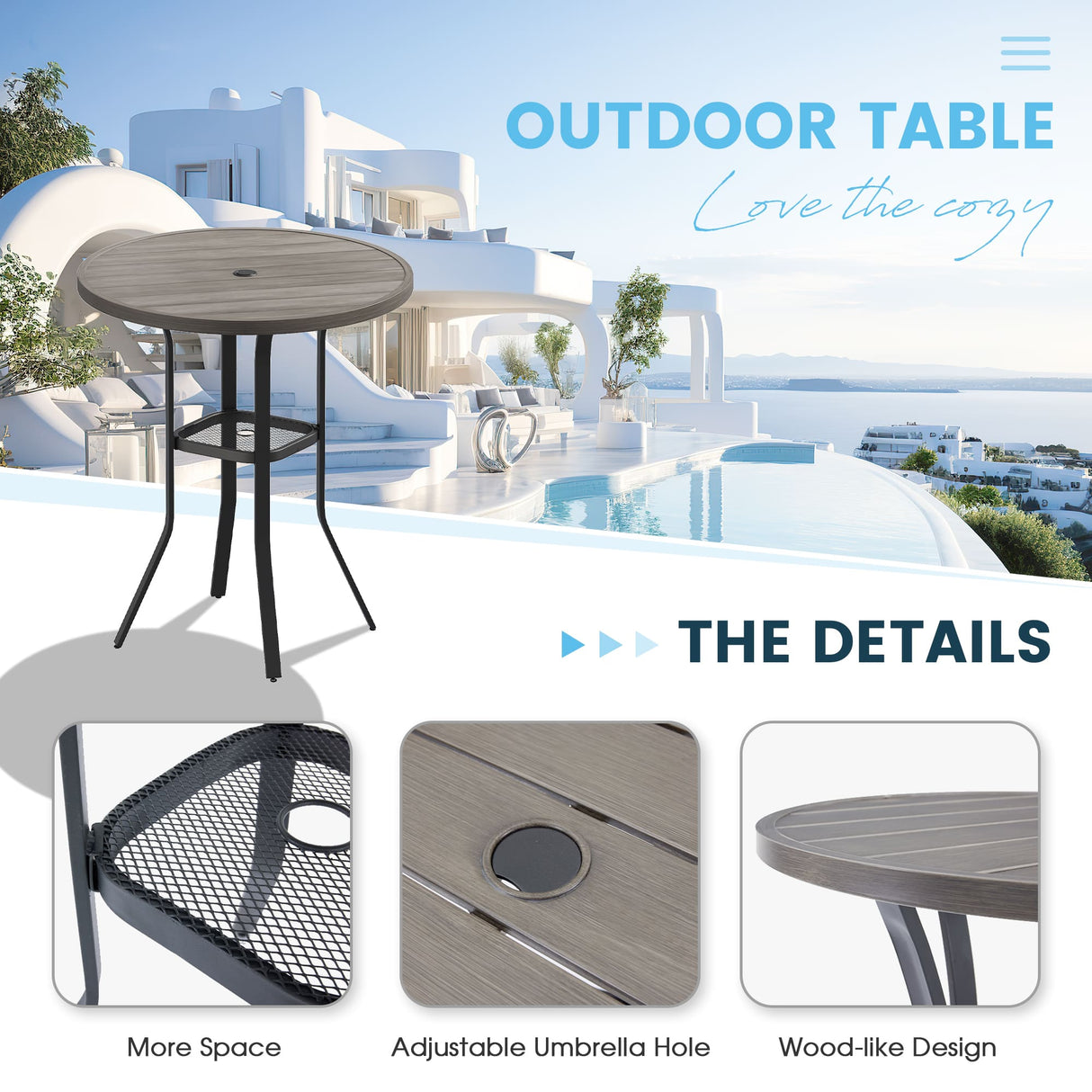 Vicllax Mesa de bar redonda para patio al aire libre de 37" con orificio para sombrilla