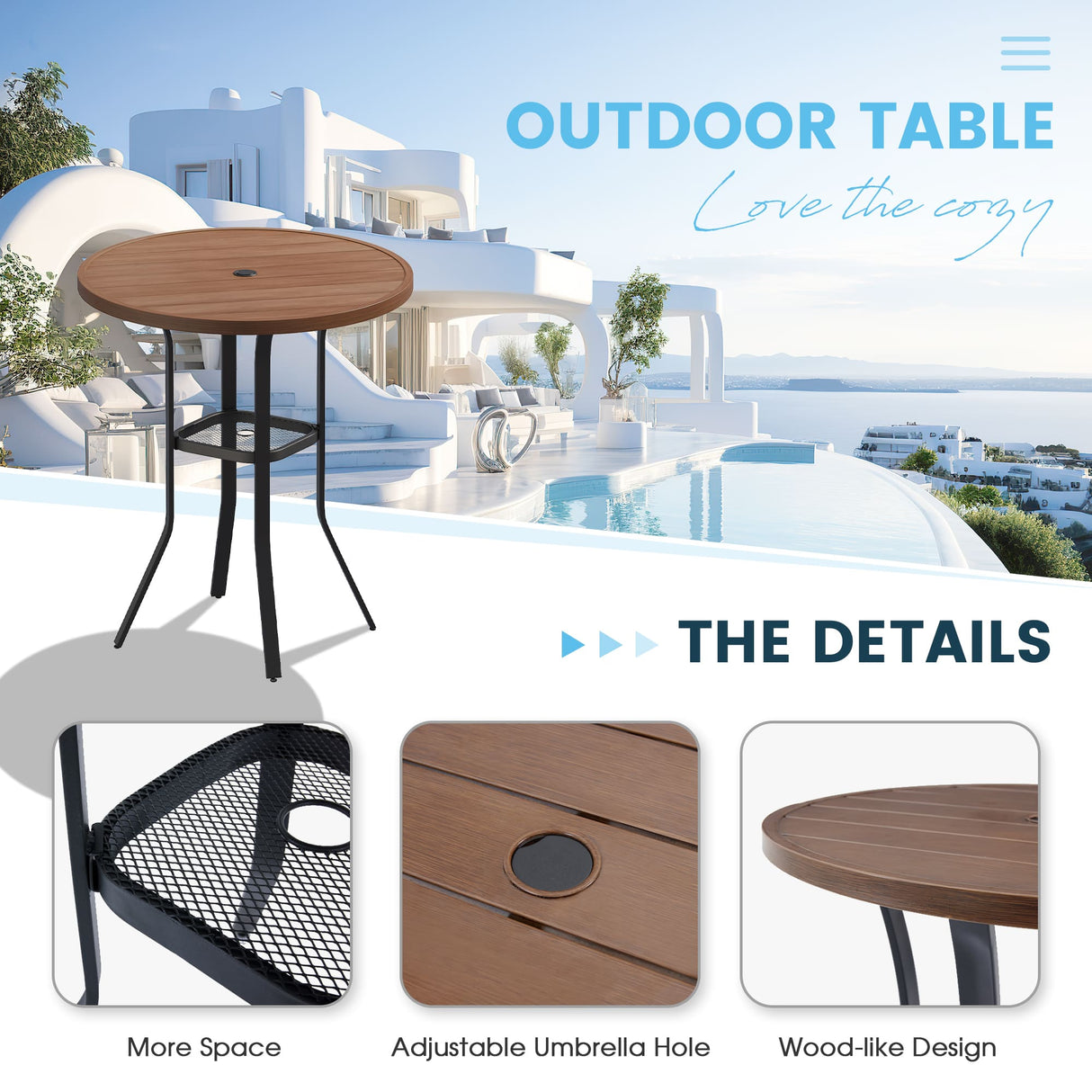 Vicllax Mesa de bar redonda para patio al aire libre de 37" con orificio para sombrilla