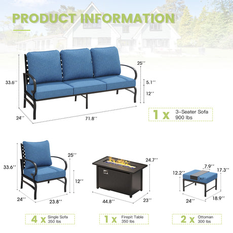 Vicllax Outdoor Patio Conversation Sofa Set with Cushioned Sofa Chairs and Metal Rectangular Fire Pit, Blue