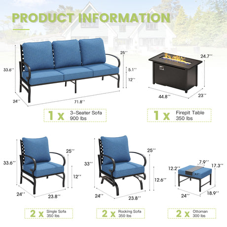 Vicllax Outdoor Patio Conversation Sofa Set with Cushioned Sofa Chairs and Metal Rectangular Fire Pit, Blue