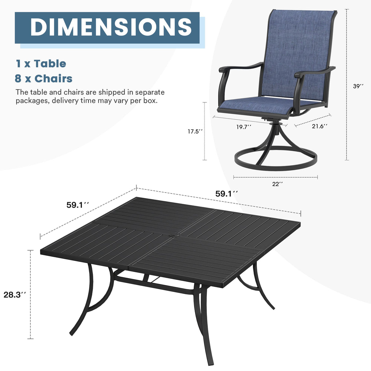 Vicllax 9 Pieces Outdoor Dining Set with 59" Square Dining Table and Swivel Chairs