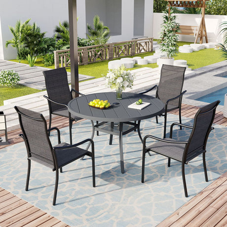 Vicllax 5/7 Pcs Outdoor Dining Set with Round Metal Table and High Back Stackable Chair