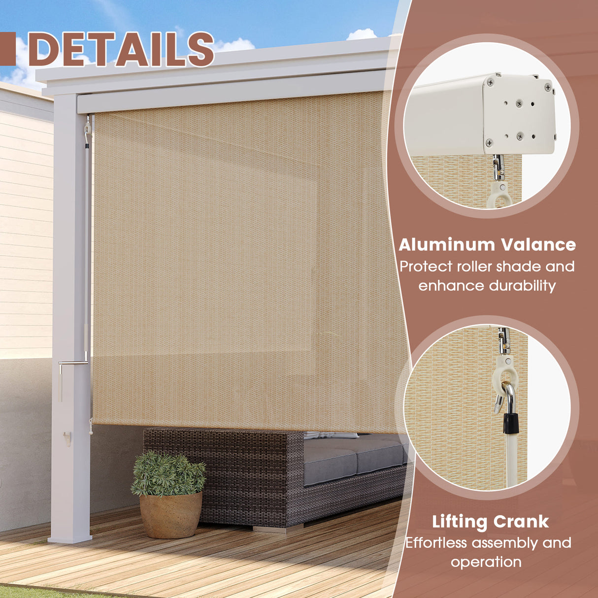 Vicllax Roller Shade, Patio Cordless Sun Blocking Roller Shade with Aluminum Valance
