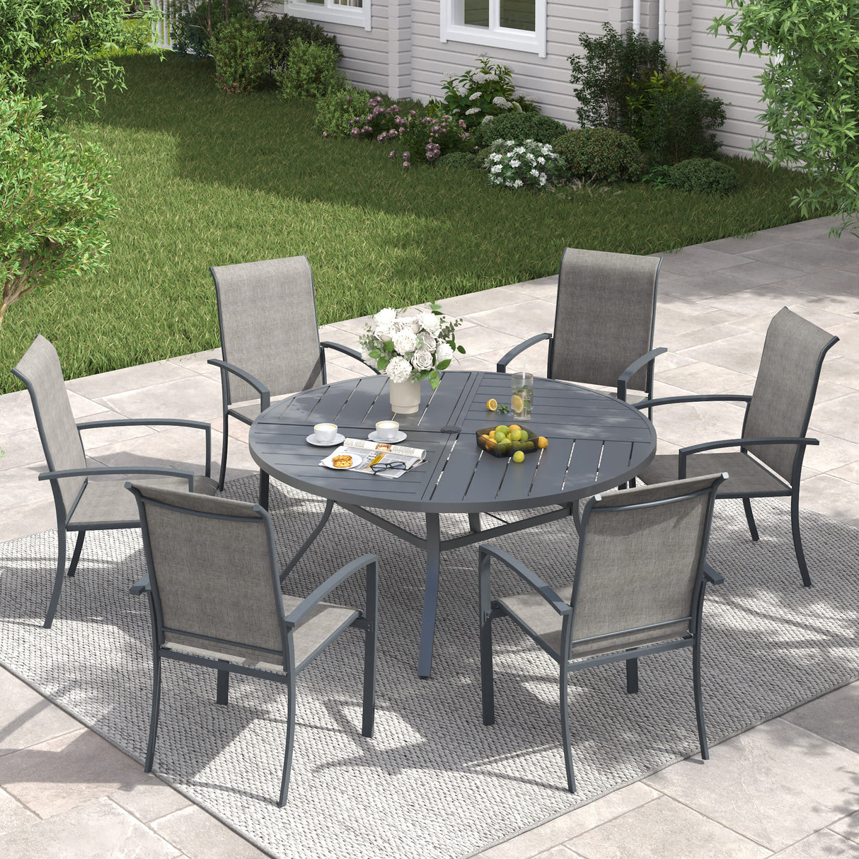 Vicllax 7 PCS Patio Dining Table Set, 50" Round Metal Table with Shelf and Skyline Stackable Chair