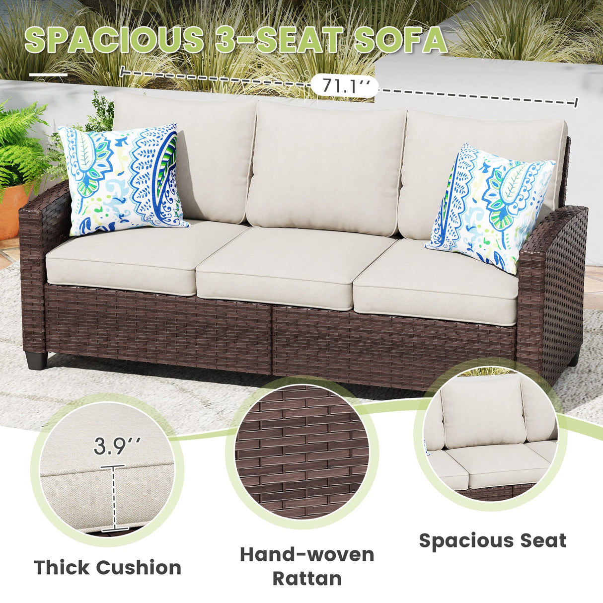 VICLLAX Versatile Wicker Patio Set: 5 Seater with Fire Table/Ottoman