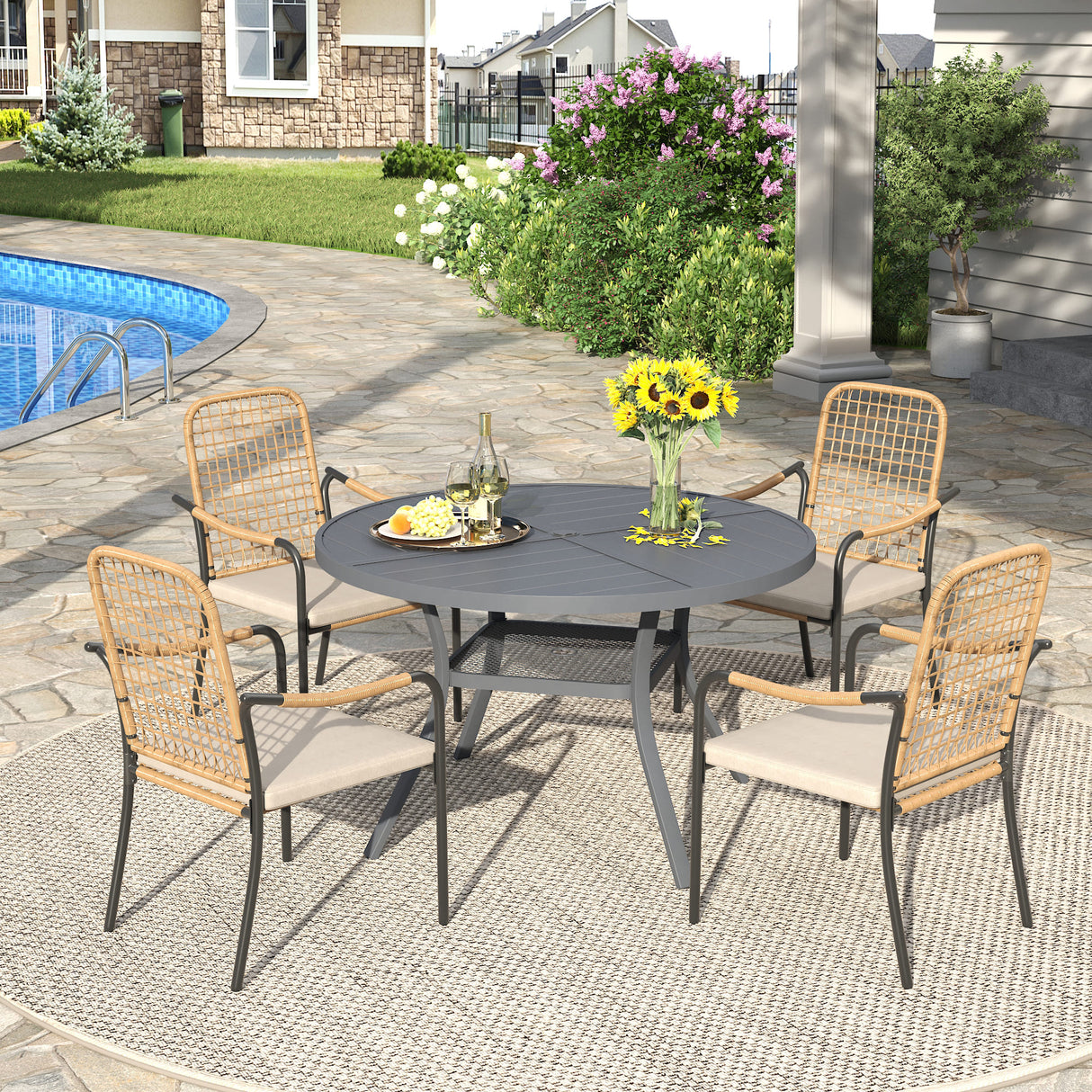 Vicllax 5 PCS Patio Dining Table Set, 41" Round Metal Table with Shelf and Solana Stackable Chair