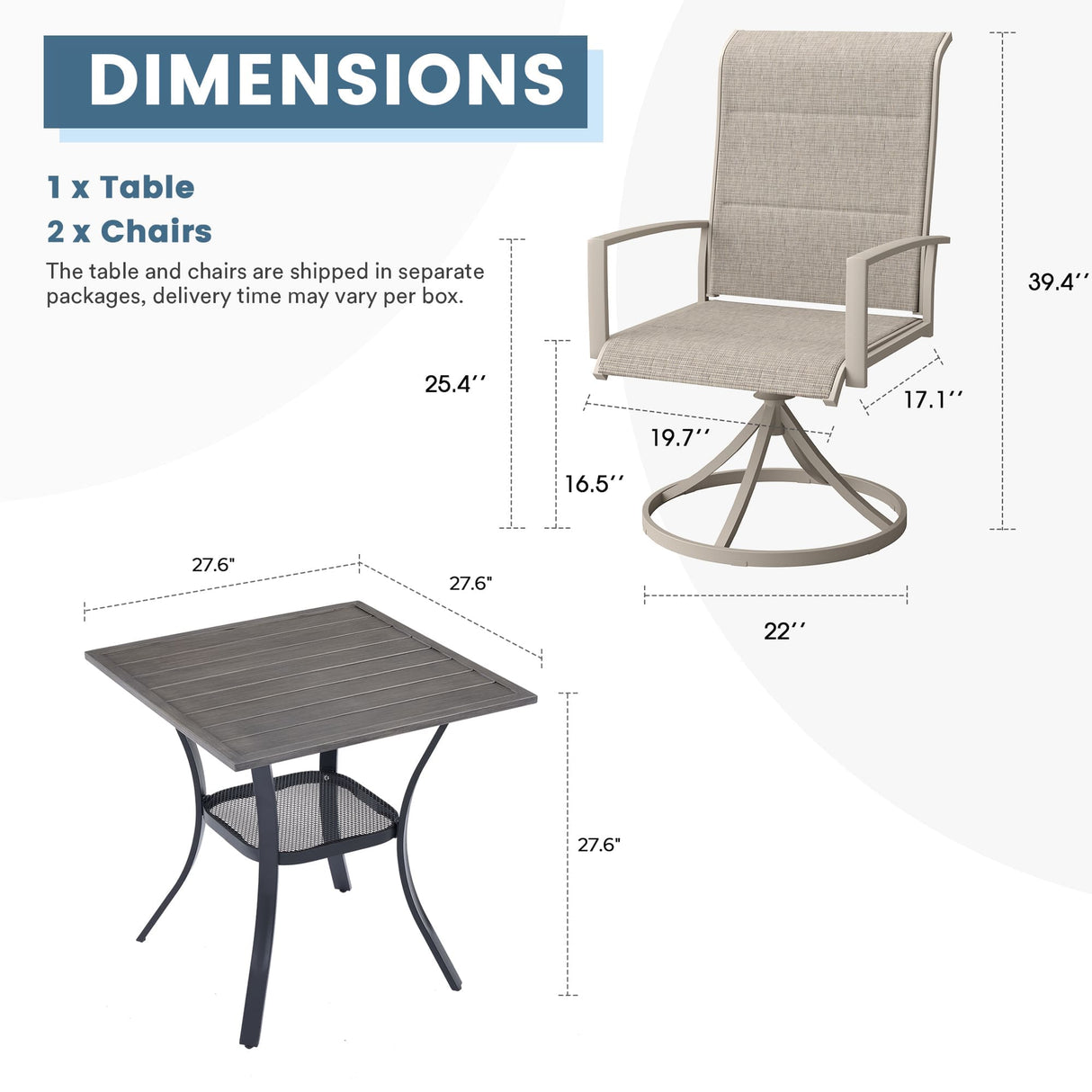 Vicllax 3-Piece Patio Bistro Set, Outdoor Swivel Chairs and Metal Square Table