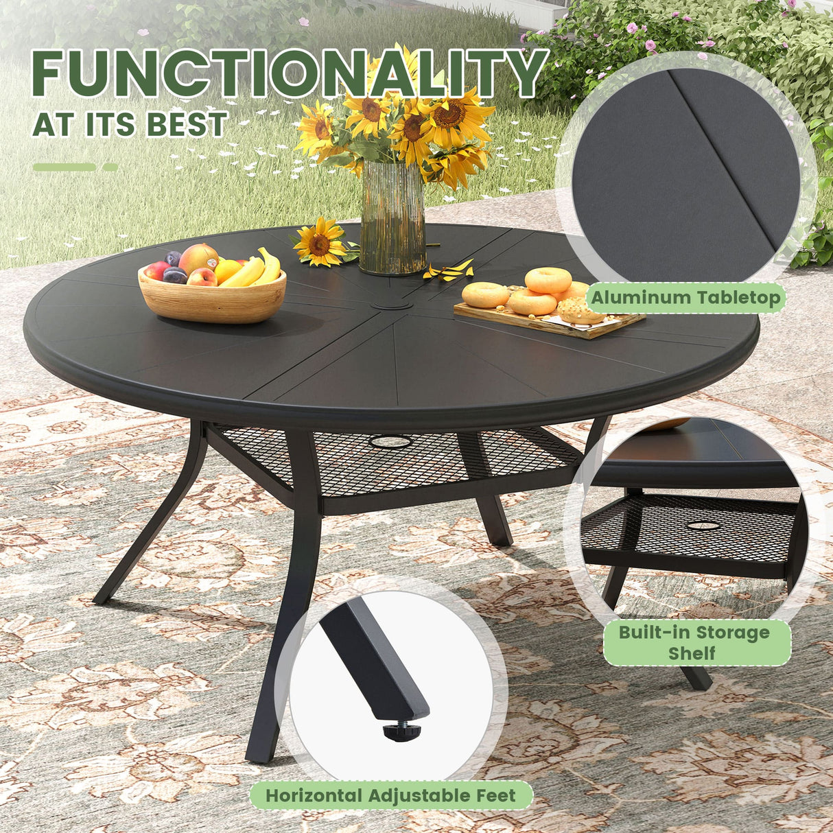 Vicllax Outdoor Round Dining Table, Patio Aluminum Tabletop with Storage Shelf