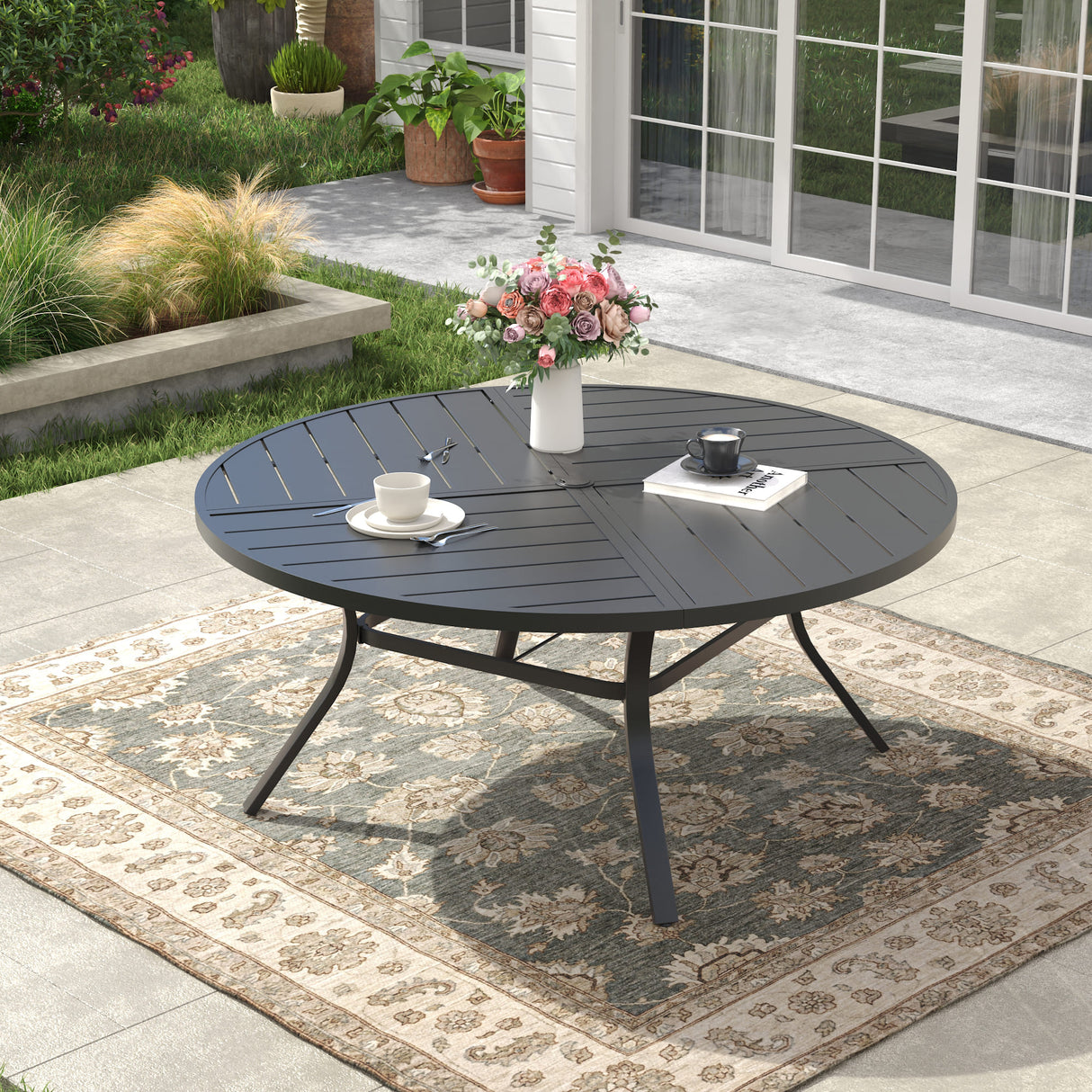 Vicllax 50" Patio Round Dining Table Set of 6, Metal Dining Table and Swivel Dining Chairs