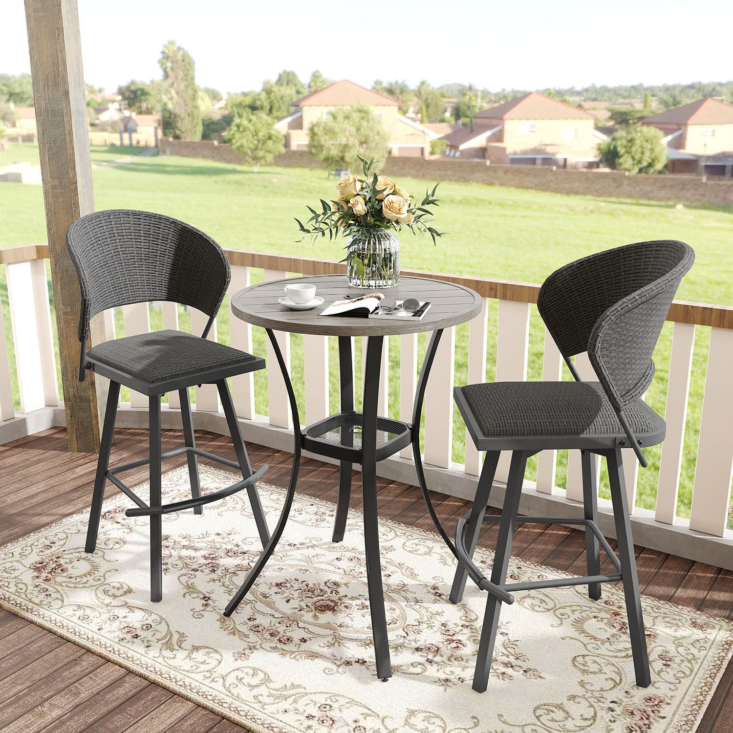 Vicllax 3/5 PCS Swivel Bar Set, Patio Wicker Bar Chairs and Round Bar Table