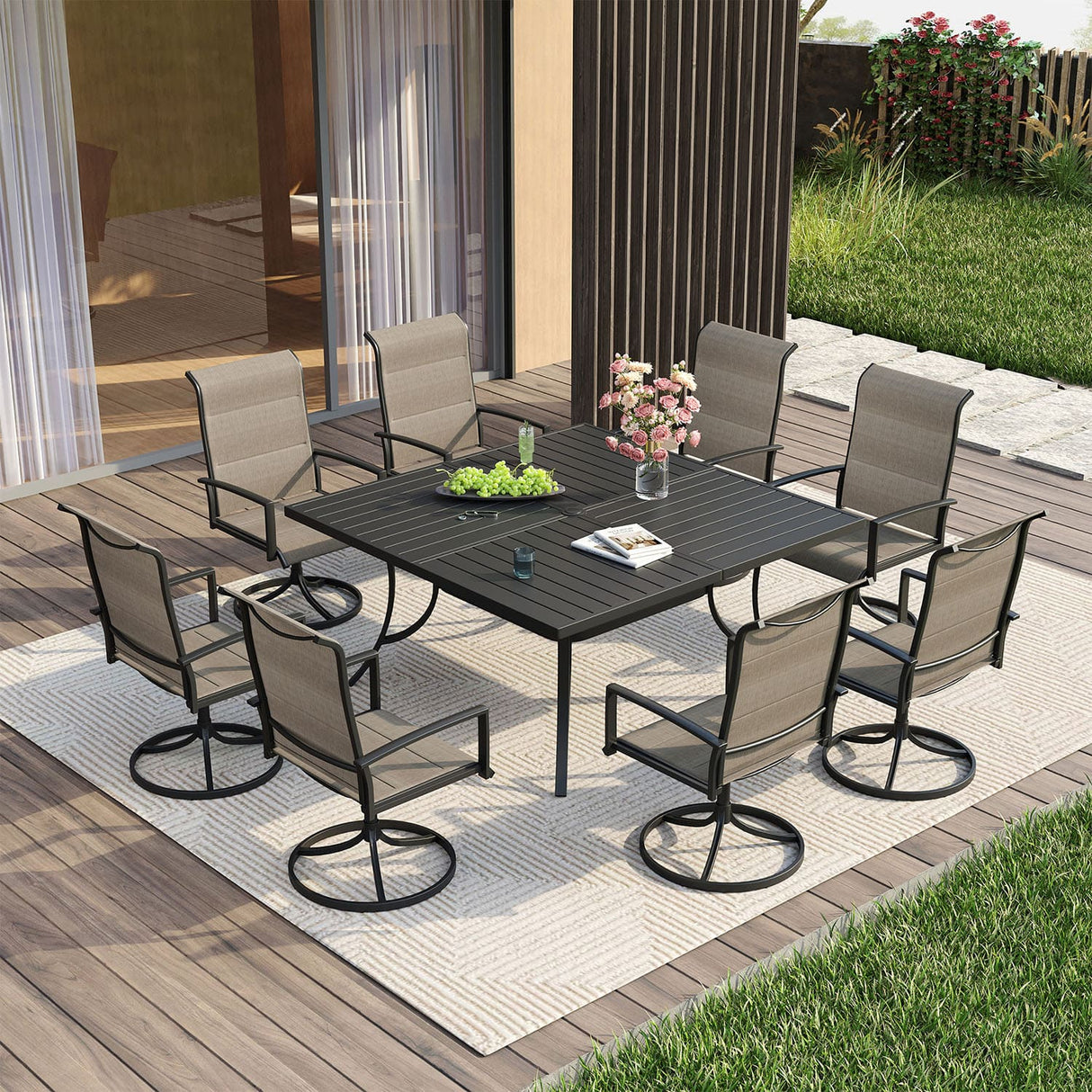 Vicllax 9 Pieces Outdoor Dining Set with 59" Square Dining Table and Swivel Chairs