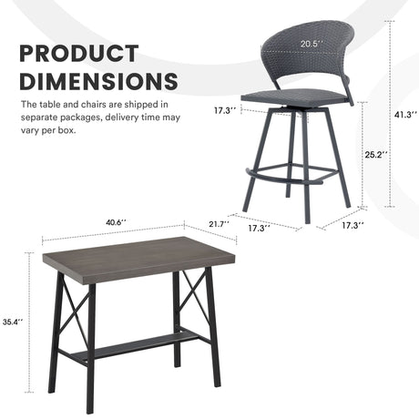 Vicllax 3 PCS Outdoor Bar Set, Patio Wicker Bar Chairs and Large Rectangular Bar Table