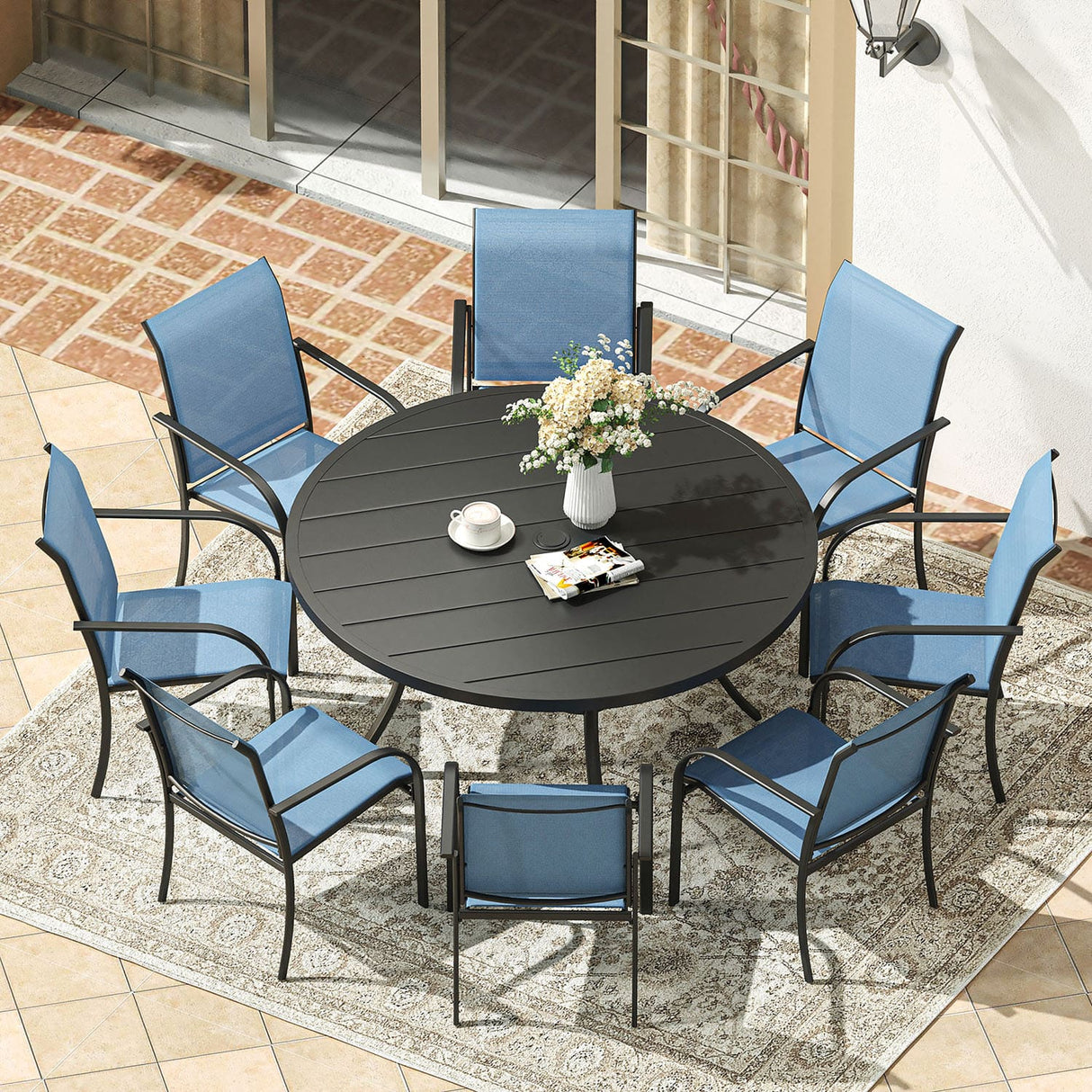 Vicllax Juego de comedor para exterior de 9 piezas con mesa redonda de metal de 54" y sillones de textileno 