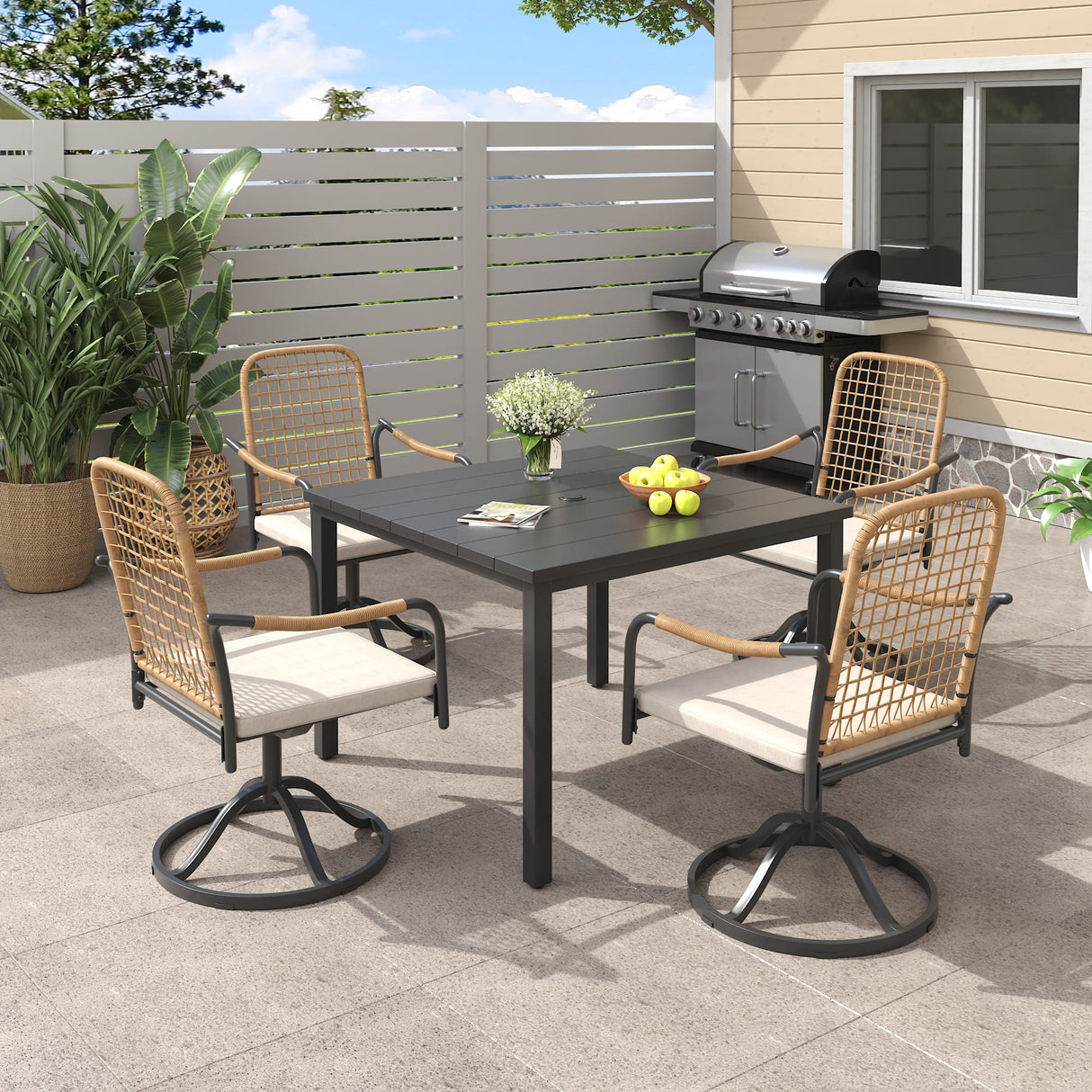 Vicllax 5 Pieces Outdoor Dining Set, Patio Rectangular Metal Table and  Solana Swivel Chair