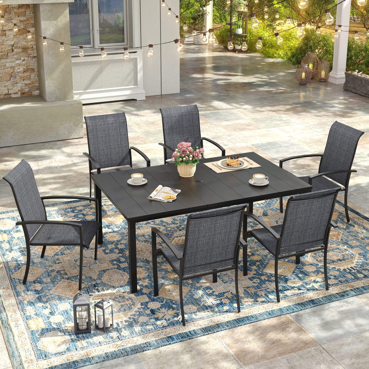 Vicllax 7 Pieces Outdoor Dining Set, Patio Rectangular Metal Table and Skyline Stackable Chair