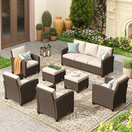 Vicllax Patio Furniture Set, Wicker Outdoor Conversation Set with Cushioned Sofa Chairs and Ottomans