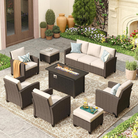 Vicllax Patio Furniture Set, Wicker Outdoor Conversation Set with Cushioned Sofa Chairs Fire Pit Table and Ottomans
