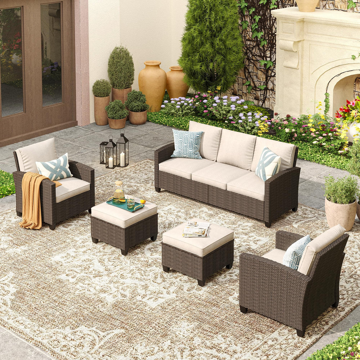 Vicllax Patio Furniture Set, Wicker Outdoor Conversation Set with Cushioned Sofa Chairs and Ottomans