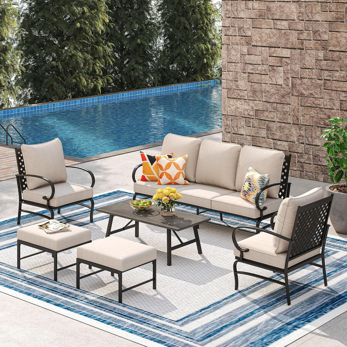 Vicllax Patio Conversation Set with Cushioned Sofa Chairs, Ottomans and Coffee Table