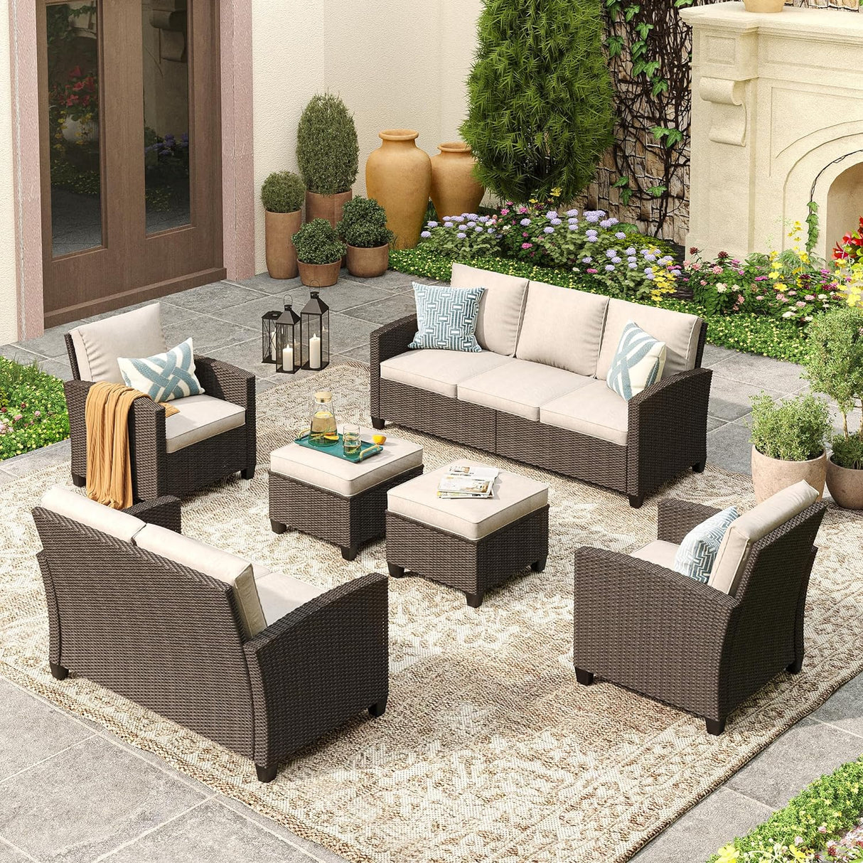 Vicllax Patio Furniture Set, Wicker Outdoor Conversation Set with Cushioned Sofa Chairs and Ottomans