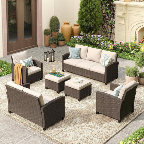 Vicllax Patio Furniture Set, Wicker Outdoor Conversation Set with Cushioned Sofa Chairs and Ottomans
