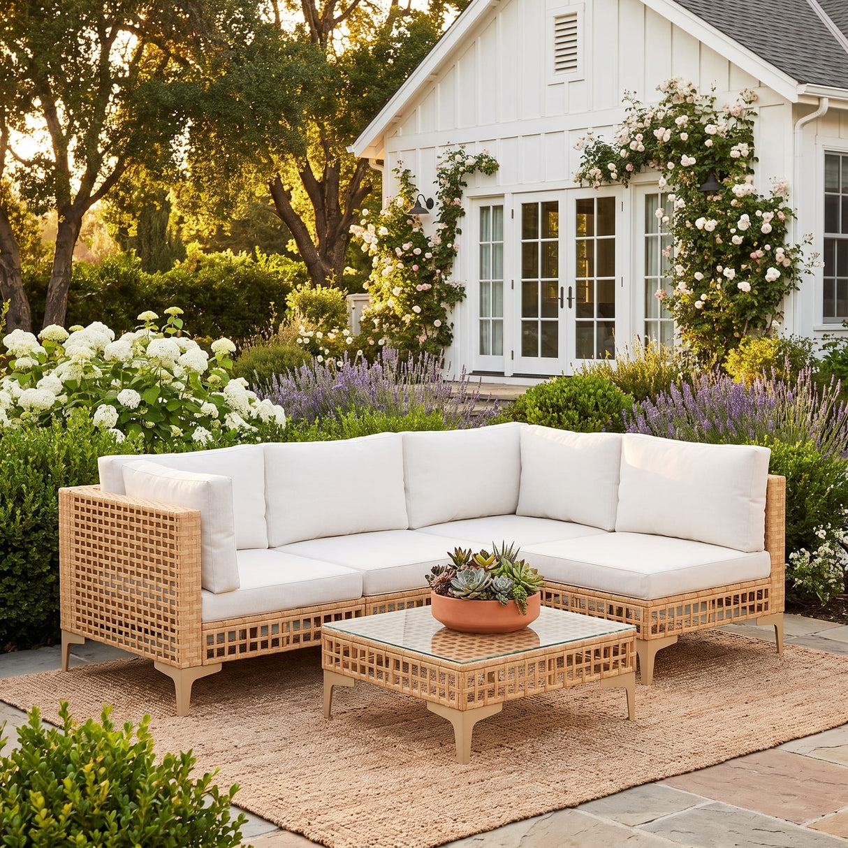 Vicllax 5/7 PCS Wicker Outdoor Conversation Set Patio Sectional Sofas with Glass Coffee Table