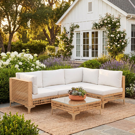 Vicllax 5/7 PCS Wicker Outdoor Conversation Set Patio Sectional Sofas with Glass Tea Table
