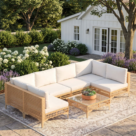 Vicllax 5/7 PCS Wicker Outdoor Conversation Set Patio Sectional Sofas with Glass Tea Table