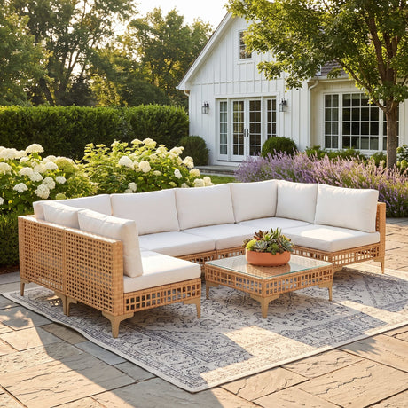 Vicllax 5/7 PCS Wicker Outdoor Conversation Set Patio Sectional Sofas with Glass Tea Table