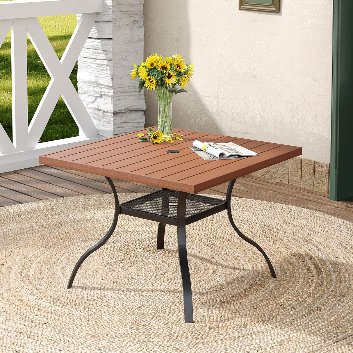 Vicllax Outdoor 38.8“ Plastic Dining Table, Patio Wood-Like Grain Square Table with Storage