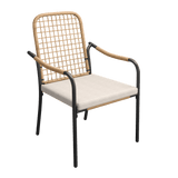 Vicllax Solana hand-woven rope outdoor dining chair with black frame and beige cushion.