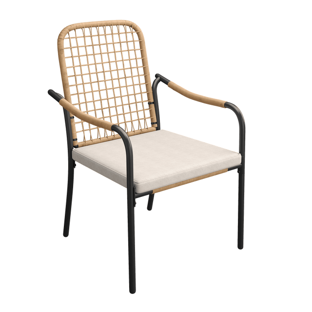 Vicllax Solana hand-woven rope outdoor dining chair with black frame and beige cushion.