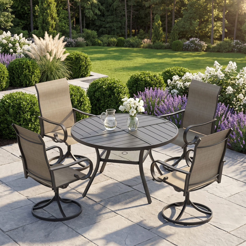 VICLLAX 5 Piece Modern Patio Dining Set, 40.7 inch Round Metal Table with Umbrella Hole and Ergonomic High-back Swivel Rocking Sling Chairs
