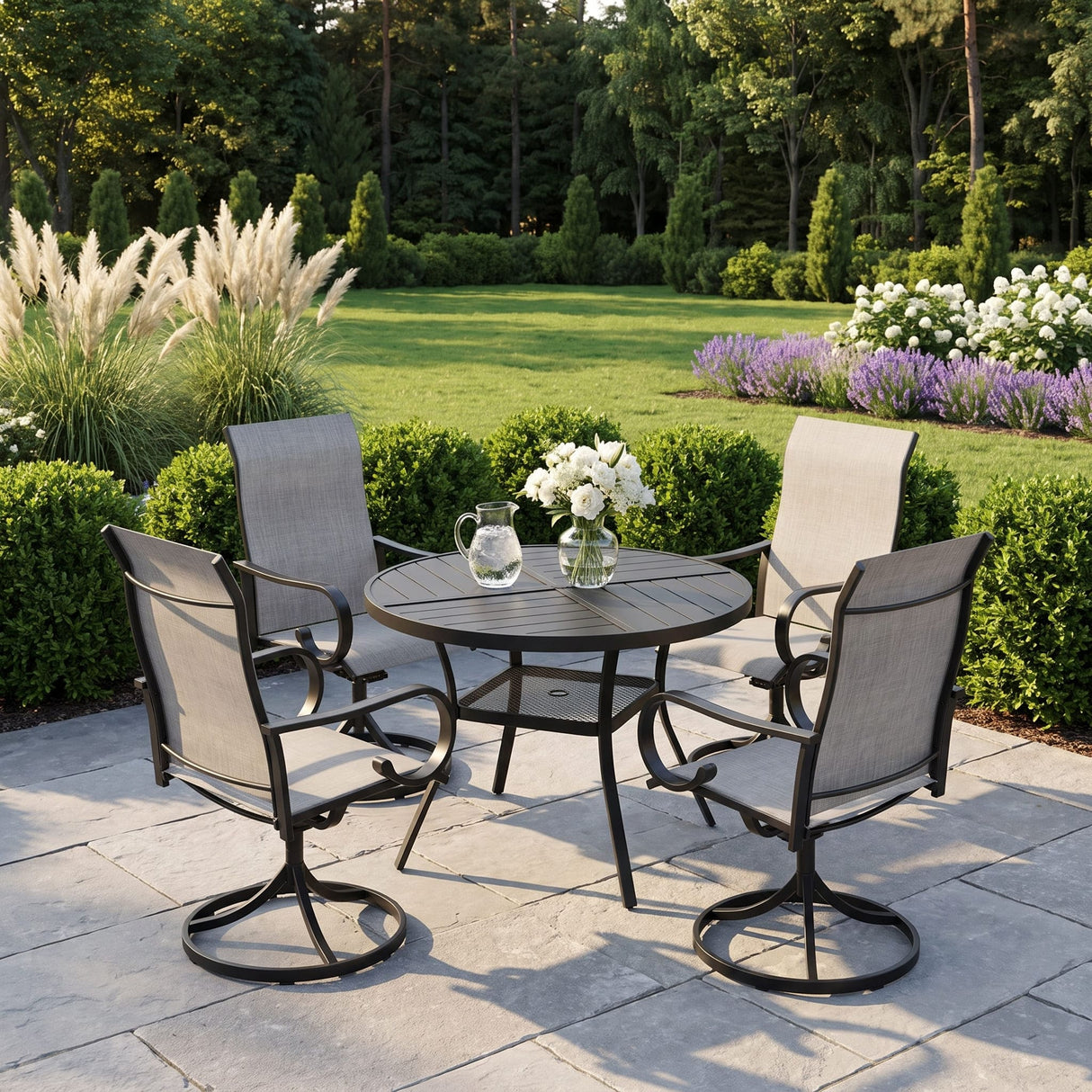 VICLLAX 5 Piece Modern Patio Dining Set, 40.7 inch Round Metal Table with Umbrella Hole and Ergonomic High-back Swivel Rocking Sling Chairs