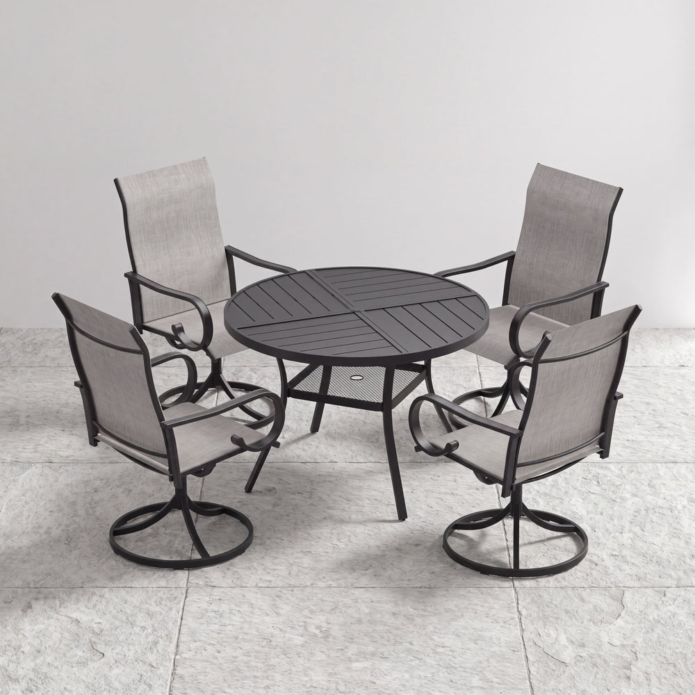 VICLLAX 5 Piece Modern Patio Dining Set, 40.7 inch Round Metal Table with Umbrella Hole and Ergonomic High-back Swivel Rocking Sling Chairs
