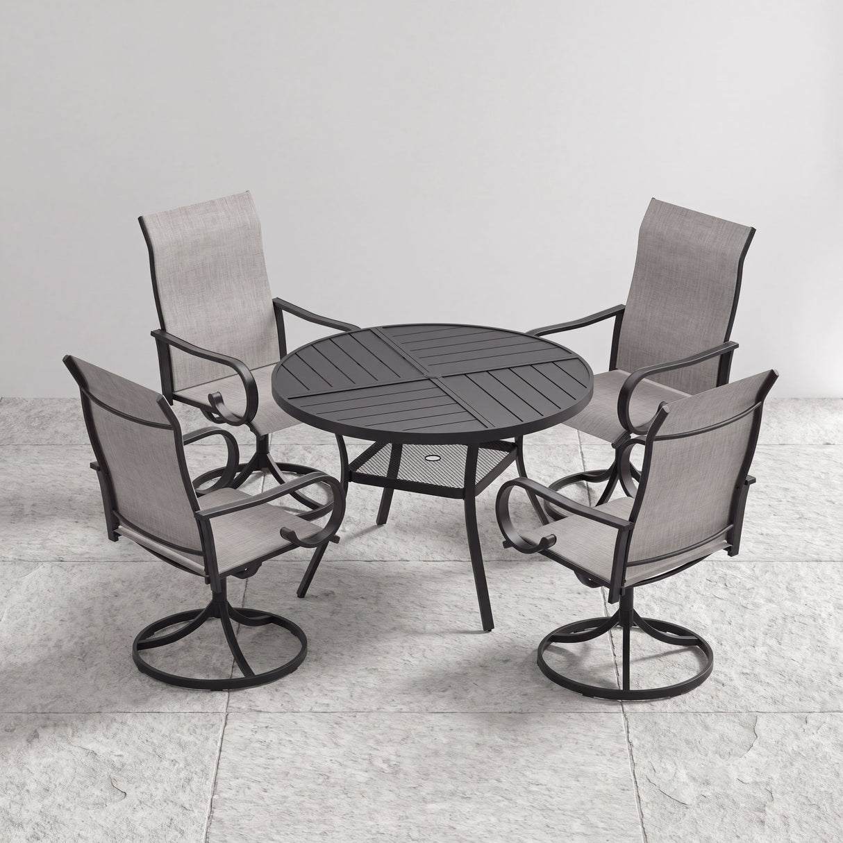 VICLLAX 5 Piece Modern Patio Dining Set, 40.7 inch Round Metal Table with Umbrella Hole and Ergonomic High-back Swivel Rocking Sling Chairs