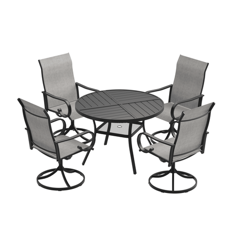 VICLLAX 5 Piece Modern Patio Dining Set, 40.7 inch Round Metal Table with Umbrella Hole and Ergonomic High-back Swivel Rocking Sling Chairs